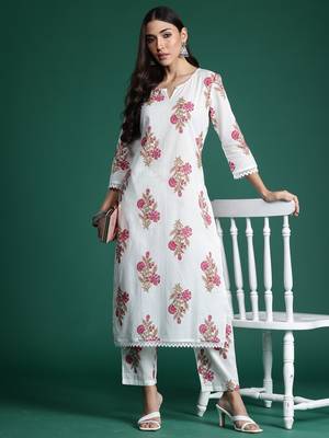 White printed pure cotton kurta trouser set 4
