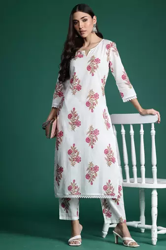 White printed pure cotton kurta trouser set