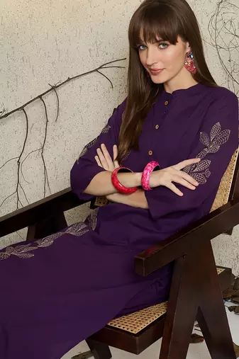 Purple embroidered pure cotton kurta trouser set