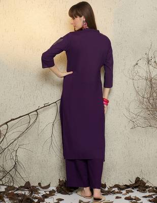 Purple embroidered pure cotton kurta trouser set 2