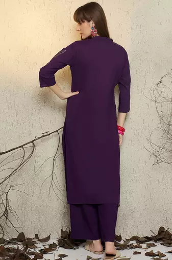 Purple embroidered pure cotton kurta trouser set