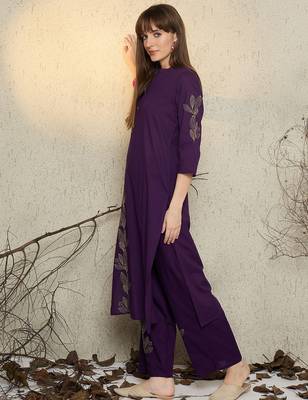 Purple embroidered pure cotton kurta trouser set 3