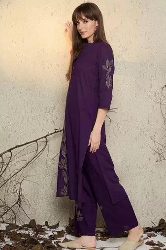 Purple embroidered pure cotton kurta trouser set