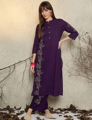 Purple embroidered pure cotton kurta trouser set 4