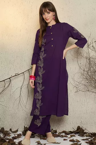 Purple embroidered pure cotton kurta trouser set