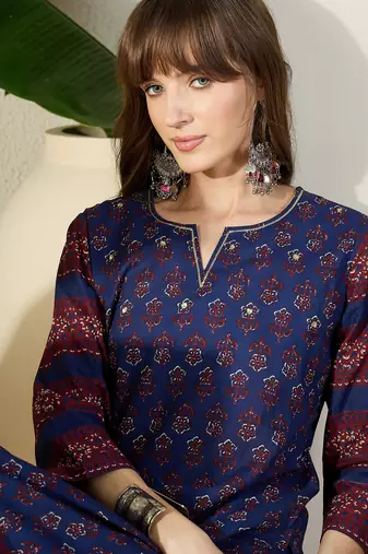 Blue printed pure cotton kurta trouser set