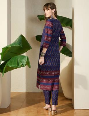 Blue printed pure cotton kurta trouser set 2
