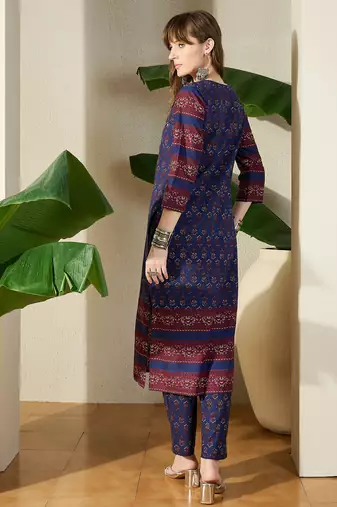 Blue printed pure cotton kurta trouser set