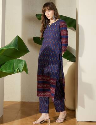 Blue printed pure cotton kurta trouser set 3