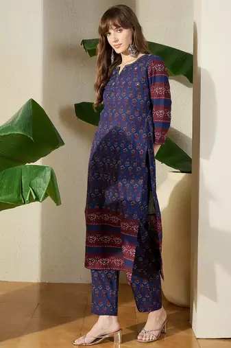 Blue printed pure cotton kurta trouser set