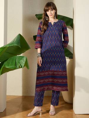 Blue printed pure cotton kurta trouser set 4