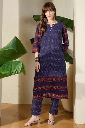 Blue printed pure cotton kurta trouser set