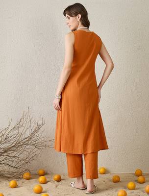 Orange embroidered pure cotton kurta trouser set 2