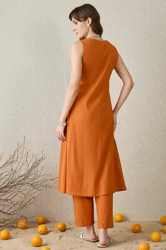 Orange embroidered pure cotton kurta trouser set