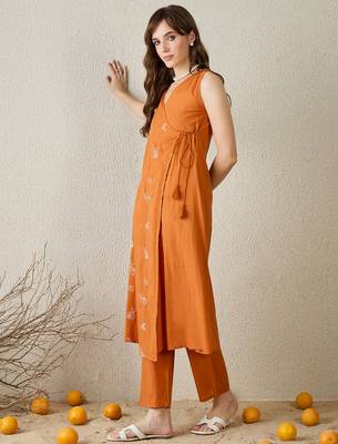Orange embroidered pure cotton kurta trouser set 3