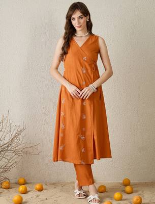 Orange embroidered pure cotton kurta trouser set 4