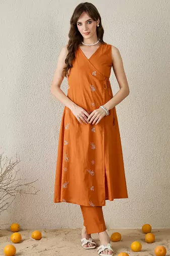 Orange embroidered pure cotton kurta trouser set