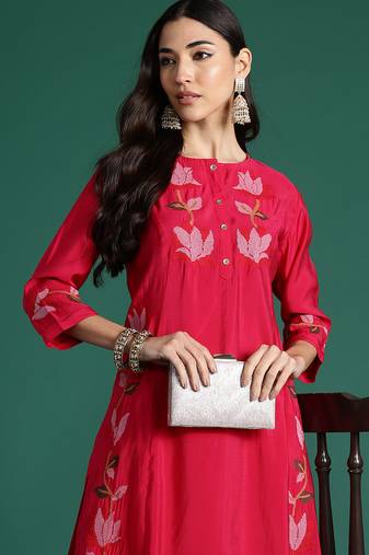Pink embroidered pure cotton kurta trouser set