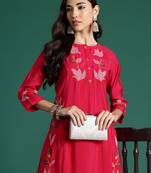 Pink embroidered pure cotton kurta trouser set