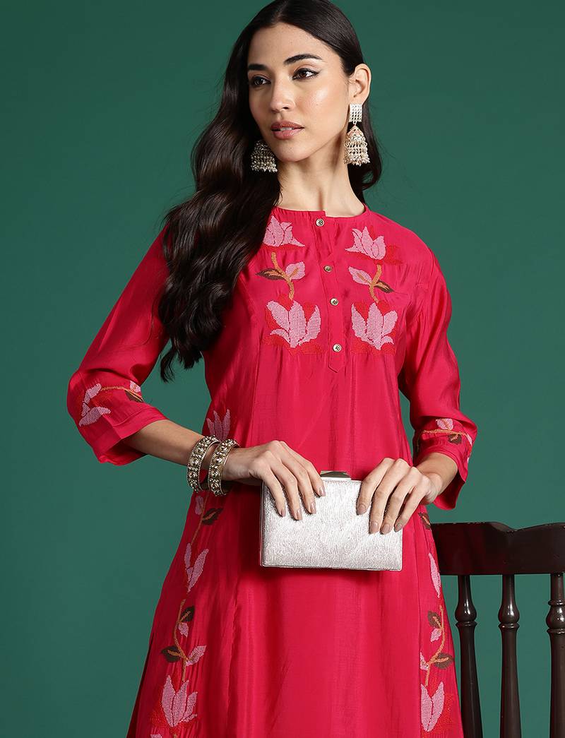 Pink embroidered pure cotton kurta trouser set