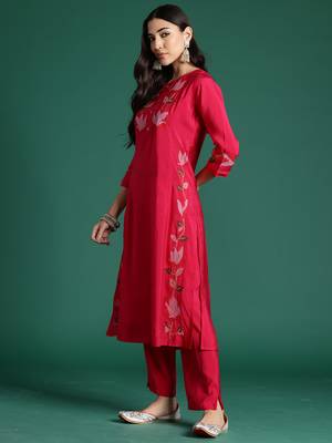 Pink embroidered pure cotton kurta trouser set 2
