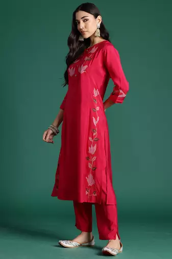 Pink embroidered pure cotton kurta trouser set