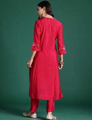 Pink embroidered pure cotton kurta trouser set 3