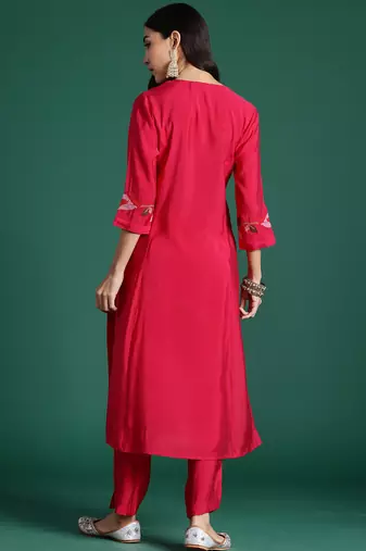 Pink embroidered pure cotton kurta trouser set