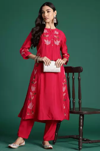 Pink embroidered pure cotton kurta trouser set