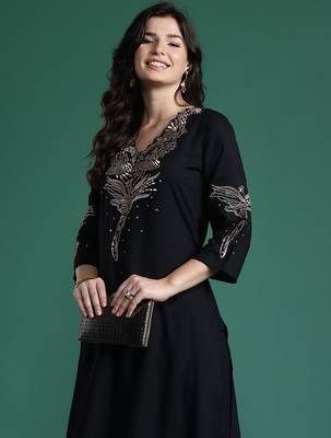 Black embroidered viscose rayon kurta trouser set 1