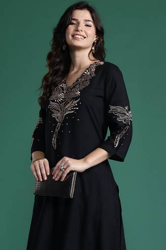 Black embroidered viscose rayon kurta trouser set