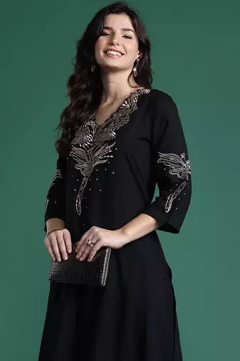 Black embroidered viscose rayon kurta trouser set