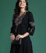 Black embroidered viscose rayon kurta trouser set