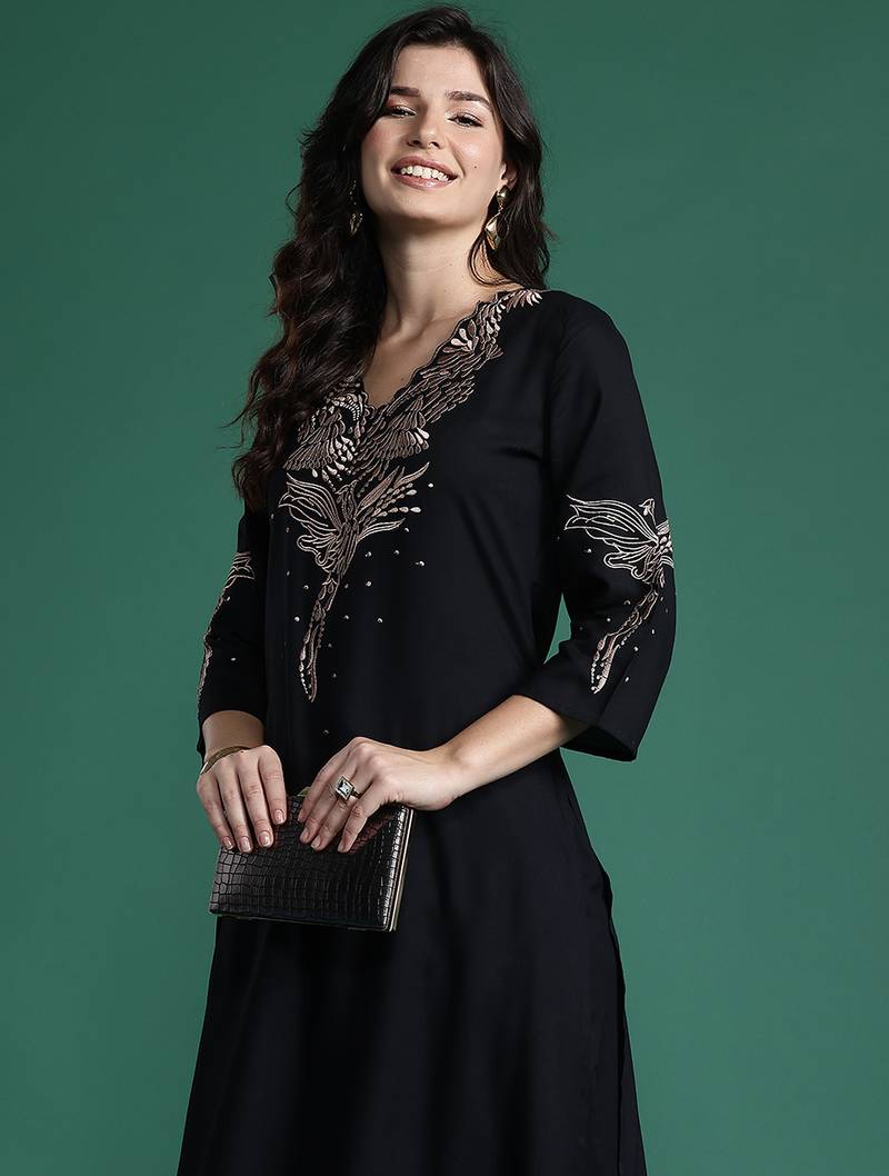 Black embroidered viscose rayon kurta trouser set