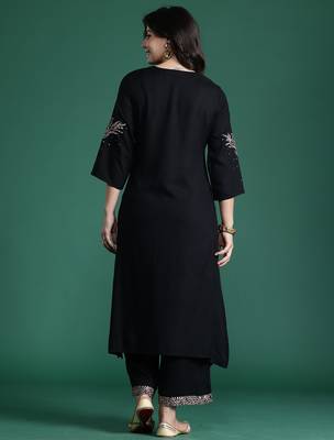 Black embroidered viscose rayon kurta trouser set 2