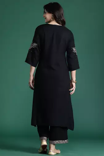 Black embroidered viscose rayon kurta trouser set