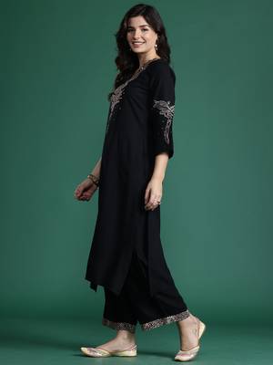 Black embroidered viscose rayon kurta trouser set 3