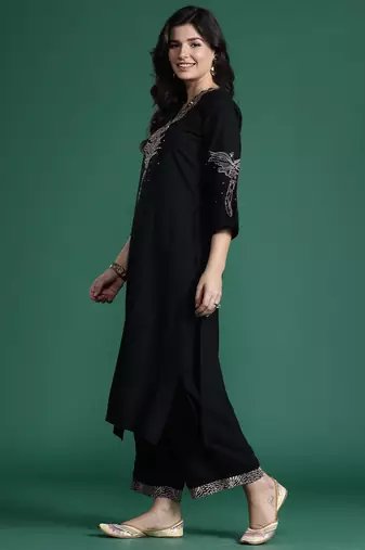 Black embroidered viscose rayon kurta trouser set