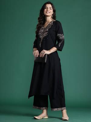 Black embroidered viscose rayon kurta trouser set 4