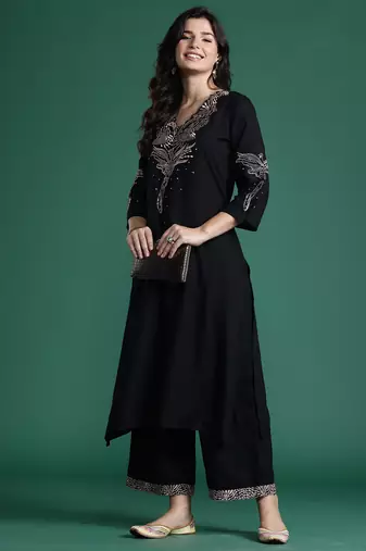 Black embroidered viscose rayon kurta trouser set