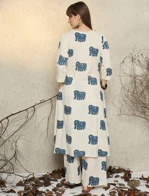 White printed pure cotton kurta trouser set 2