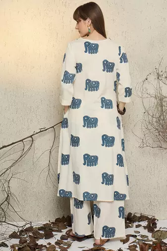 White printed pure cotton kurta trouser set