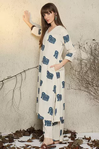 White printed pure cotton kurta trouser set