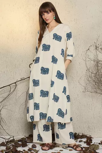 White printed pure cotton kurta trouser set