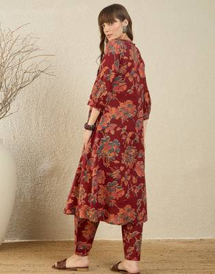 Maroon printed pure cotton kurta trouser set 2