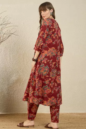 Maroon printed pure cotton kurta trouser set