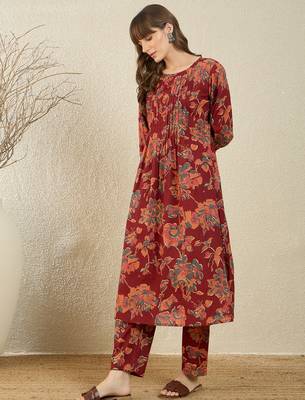 Maroon printed pure cotton kurta trouser set 3