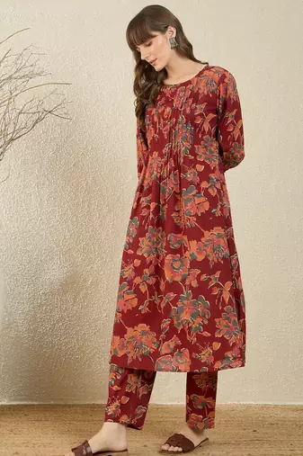 Maroon printed pure cotton kurta trouser set