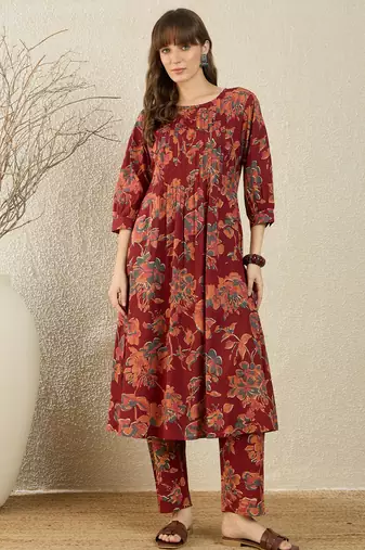 Maroon printed pure cotton kurta trouser set