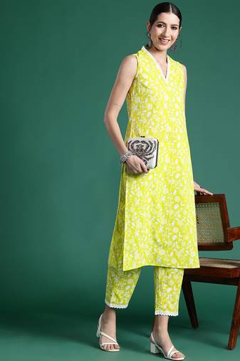 Green printed pure cotton kurta trouser set